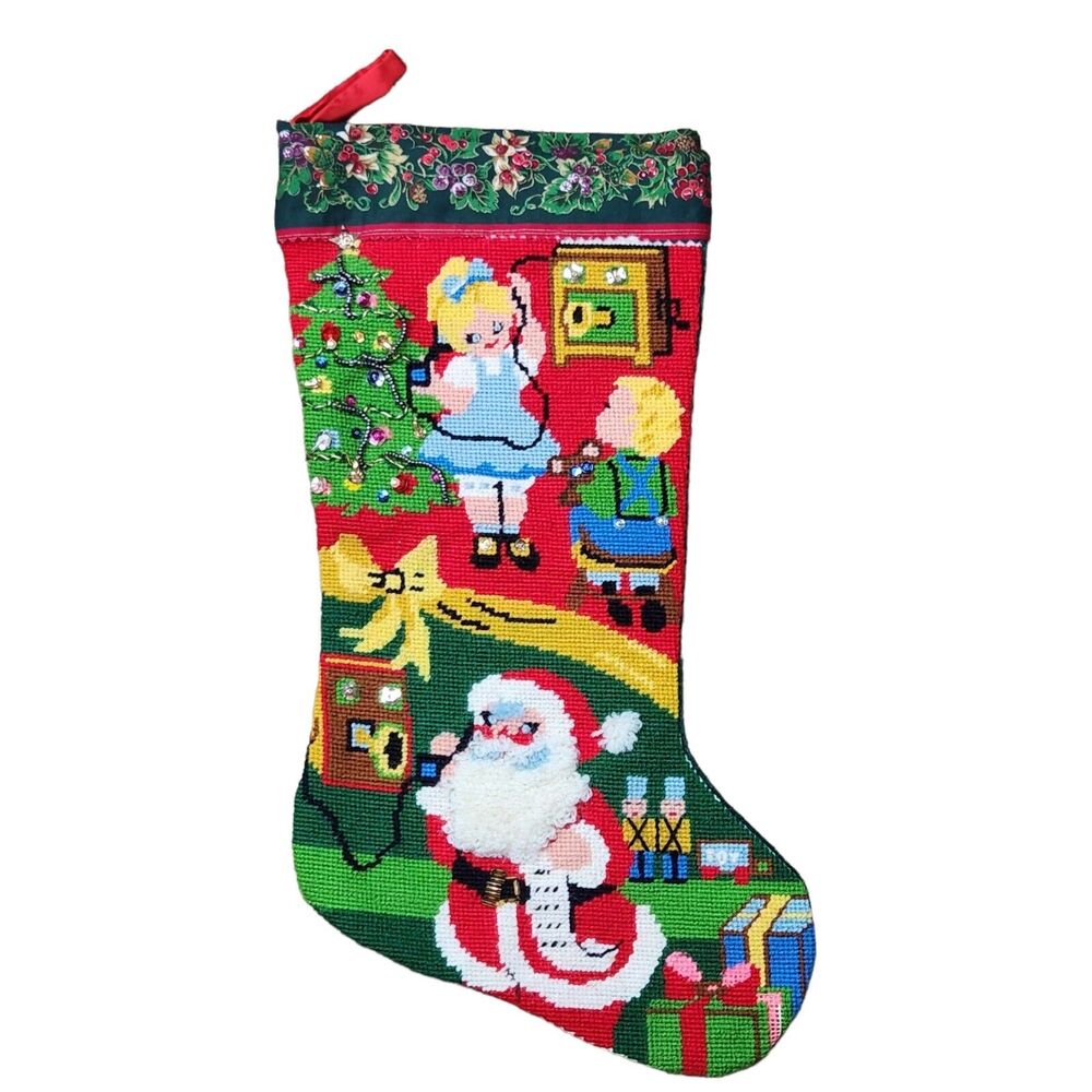 Bucilla Christmas Stocking 60521 Santa Needlepoint Cross Stitch Phone Girl Tree